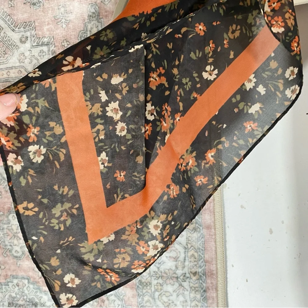 SILK SCARF Mini Floral Print Black Rusty Brown